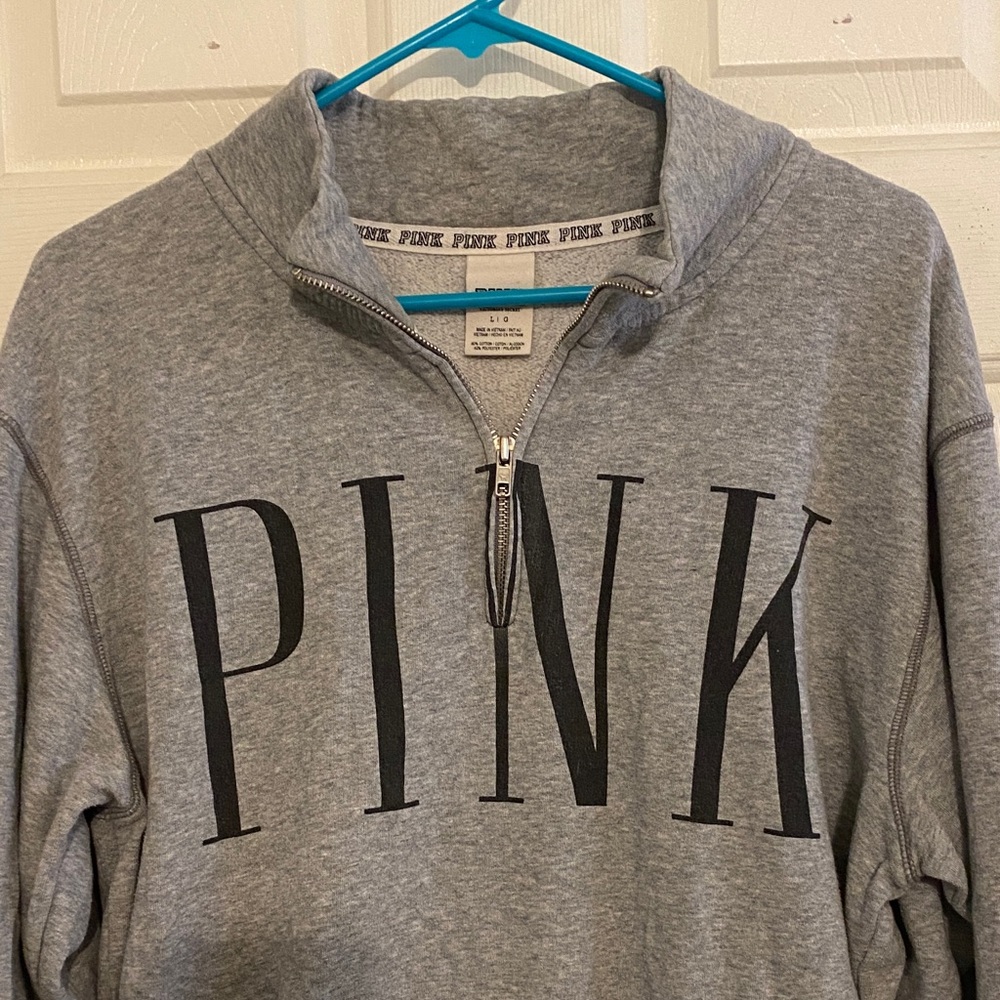 PINK Victoria's Secret Light Gray Quarter-Zip Pullover with Black Logo - Picture 2 of 5